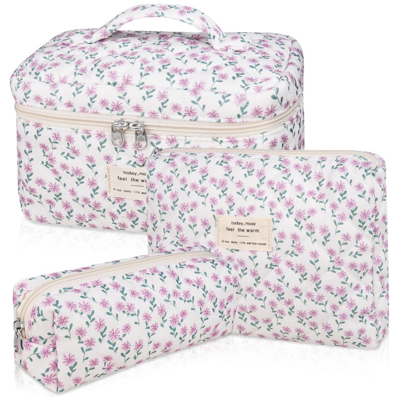 Gosect Makeup Bag Set  Quilted Makeup Bag  Large Floral Cosmetic Bag for Women  Cute Cotton Makeup Bags  Flower Travel Toiletry Organizer Bag (Purple Flower) - Image 1
